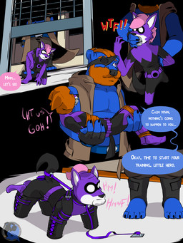 anthro bdsm bitchsuit bondage bondage_gear bound dialogue duo gag gagged handler hero male male/male petplay puppyplay roleplay rope the_handler drago-kun violet_nova bear canid canine canis domestic_dog mammal wolf 3:4 comic hi_res