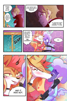 anthro blush dialogue female hug kiss_on_lips kissing male male/female speech_bubble text mustachedbain hellaverse helluva_boss collin_(helluva_boss) queen_bee-lzebub_(helluva_boss) angel arthropod bee bovid canid canine caprine cherub demon fox humanoid hybrid hymenopteran insect mammal sheep absurd_res comic english_text hi_res