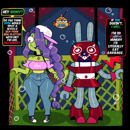anthro big_butt bottomwear breasts buckteeth butt clothing collar dialogue duo elevator eyelashes female footwear hair hair_over_eye hat headgear headwear high_heels long_hair machine pants ponytail robot_suit shirt shoes small_breasts teeth text topwear somescrub nickelodeon spongebob_squarepants briny_waters eelie_applebottom fan_character aquatic cyclops eel fish lagomorph leporid mammal plankton_(species) rabbit robot english_text hi_res