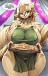 2023 anthro apron apron_only areola big_breasts blue_eyes breasts clothing cookie curvy_figure dialogue digital_media_(artwork) english_text eyebrows eyelashes female fingers food fur generation_3_pokemon hi_res huge_breasts linoone looking_at_viewer mature_anthro mature_female mleonheart nintendo nipple_outline pokemon pokemon_(species) solo speech_bubble tail talking_to_viewer term_of_endearment text thick_thighs voluptuous