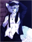 abs anthro balls biceps biped blue_body blue_eyes blue_fur clothed clothing ear_piercing erection facial_piercing fluffy fur genitals grey_body grey_fur grey_hair grin hair heterochromia jewelry male muscular muscular_anthro muscular_male necklace necktie open_clothing open_shirt open_topwear partially_clothed pecs penis piercing police pose presenting public public_erection purple_eyes shirt smile solo topwear white_body white_fur lukiro lukiro_(artist) ookami-kun akaro_(lukiro) mammal procyonid raccoon