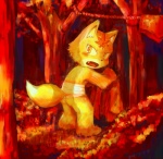 amber_eyes anthro bottomwear butt clothed clothing detailed_background forest fur leaf loincloth looking_back male open_mouth orange_eyes outside partially_clothed plant solo tail teeth tree underwear wood yellow_body yellow_fur amearare canid canine fox mammal 2008