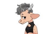 2019 anthro black_clothing black_crop_top black_shirt black_topwear blush bovid bovine broken_horn brown_body brown_fur cattle cheek_tuft chest_tuft cleavage_cutout clothed clothing crop_top cutout digital_media_(artwork) ear_tuft facial_tuft female fur grey_hair grey_horn hair horn keyhole_clothing keyhole_topwear mammal manitka manitka_(character) midriff neck_tuft shirt simple_background solo topwear tuft white_background