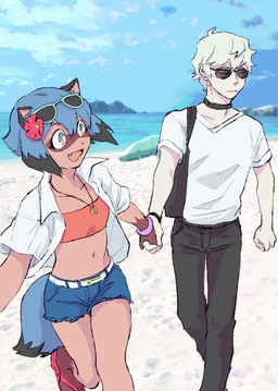 anthro beach black_body black_fur black_hair blue_body blue_eyes blue_fur blue_hair brown_body brown_fur clothed clothing collar cute_fangs day duo eyewear fangs female fluffy fluffy_tail footwear fur gloves_(marking) hair leg_markings male markings midriff multicolored_body multicolored_fur multicolored_hair navel outside sandals seaside shoes short_hair socks_(marking) sunglasses tail teeth topwear uzimusi_fgo brand_new_animal studio_trigger michiru_kagemori shirou_ogami canid canine human mammal raccoon_dog tanuki