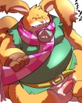 anthro balls blush bottomless clothed clothing erection genitals gloves handwear kemono male overweight overweight_anthro overweight_male penis pink_nose shirt solo text topwear whiskers sigenoya children_of_mana mana_(series) square_enix wanderer_(mana) lagomorph leporid mammal rabbit 4:5 japanese_text