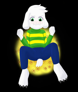 anthro bottomwear claws clothed clothing floppy_ears flower fur green_clothing green_eyes green_sweater green_topwear male pants pattern_clothing pattern_sweater pattern_topwear plant short_tail striped_clothing striped_sweater striped_topwear stripes sweater tail topwear white_body white_fur young young_anthro young_male charlesfrederick undertale undertale_(series) asriel_dreemurr boss_monster_(undertale) bovid caprine goat mammal hi_res