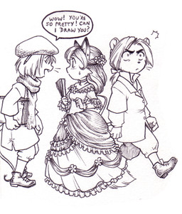 1800s alternative_fashion anthro artist biped bodily_fluids classic_lolita clothing dialogue dress emanata female flower folding_fan frilly group hand_fan hat headgear headwear hime_lolita humanoid_pointy_ears humor j-fashion lace lolita_(fashion) male misunderstanding pencil_(object) plant pointy_ears round_ears scarf shocked side_view simple_background sketchbook speech_bubble standing suspicious sweat sweatdrop text uhoh walking white_background tazi-san argot vigot canid canine fox mammal black_and_white english_text full-length_portrait monochrome pen_(artwork) portrait traditional_media_(artwork)