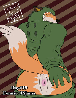 5_fingers anthro anus butt clothing fingers fur furgonomics hand_on_butt looking_at_viewer looking_back looking_back_at_viewer male onesie orange_body orange_fur pajamas pattern_background pink_anus presenting presenting_anus presenting_hindquarters raised_tail simple_background solo spread_butt spreading striped_background stripes tail text white_body white_fur camcroc epic_games fortnite kinktober fennix_(fortnite) canid canine fox mammal red_fox true_fox 2021 absurd_res digital_drawing_(artwork) digital_media_(artwork) english_text hi_res
