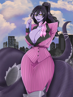 anthro apode big_breasts bottomwear breasts business_suit cleavage clothed clothing collar eyelashes eyeliner eyewear female glasses hair huge_breasts jewelry legless lipstick long_hair makeup necklace office_lady purple_body purple_skin serpentine skirt solo split_form suit tail wide_hips yellow_eyes mizenda_kitsune vtuber vexoria_the_sun_eater draconcopode lamia reptile scalie snake 3:4 hi_res