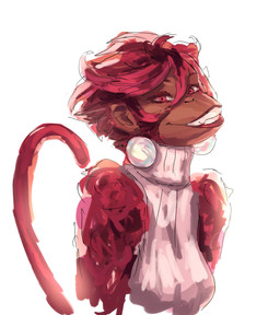anthro clothing female fur hair lips looking_at_viewer red_body red_eyes red_fur red_hair red_lips simple_background smile solo sweater tail toothy_grin topwear turtleneck white_background redustheriotact blitz_(s0lls) haplorhine mammal monkey primate 2026 hi_res sketch