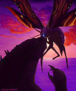 claws cloud duo flying insect_wings sea sky sunset water wings kaiju-krew godzilla_(series) monsterverse mothra_(series) toho godzilla mothra arthropod insect kaiju lepidopteran moth 2021 absurd_res digital_media_(artwork) hi_res