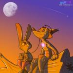 alternate_species alternate_universe anthro clothed clothing duo electronics female full_moon gradient_sky head_tuft headphones holding_object log machine male moon orange_sky portable_music_player purple_sky shooting_star sitting sky smile sunset text tuft wood fanartiguess disney zootopia judy_hopps nick_wilde canid canine european_rabbit fox lagomorph leporid mammal oryctolagus rabbit red_fox robot true_fox 1:1 2019 english_text hi_res signature url