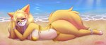 absurd_res anthro beach bikini blonde_hair blue_eyes blush breasts canid canine clothing digital_media_(artwork) eyewear female fox fur glasses gold_bikini gold_swimwear hair hi_res looking_at_viewer mammal marshmallow-ears navel outside pearl_bracelet sand seaside shaded smile solo swimwear tail two-piece_swimsuit water