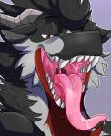 anthro black_body black_fur bodily_fluids fangs fur gaping_mouth grey_body grey_fur horn male mouth_shot open_mouth red_body red_fur simple_background smile solo teeth tongue uvula white_body white_fur rindeadsong mythology mak mak_(character) canid canid_demon canine demon dragon felkin furred_dragon furred_scalie hellhound mammal mythological_canine mythological_creature mythological_scalie scalie 2019 digital_media_(artwork) hi_res