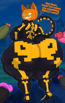 anthro asking asking_another big_breasts big_butt biped breasts butt clothing dialogue female food for_a_head fruit genitals group holidays huge_butt looking_back male penis plant pumpkin pumpkin_head rear_view skinsuit solo_focus standing tail talking_to_another text tight_clothing sprigatitoartz epic_games fortnite halloween spice_(fortnite) domestic_cat felid feline felis mammal object_head english_text hi_res