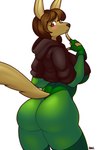 anthro big_breasts big_butt breasts brown_body brown_fur butt clothing curvy_figure female fur green_clothing huge_breasts huge_butt jacket jumpsuit looking_at_viewer solo tight_clothing topwear voluptuous wide_hips blazbaros canid canine canis jackal mammal 2024 hi_res