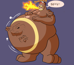 abdominal_bulge anthro belly big_belly brown_body brown_fur burping burping_fire fur male male_pred oral_vore prey_outline same_size_vore vore flamingtiger98 torkumatigburr nintendo pokemon bear generation_2_pokemon mammal pokemon_(species) ursaring hi_res