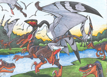ambiguous_gender being_watched belly bite bone_frill brown_body claws cloacal cloacal_penetration cloacal_penis countershading feet feral flying frill_(anatomy) grass grey_body group looking_at_another looking_back male male/male multicolored_body neck_bite neck_grab neck_tuft open_mouth orange_feet orange_underbelly outside penetration plant questionable_consent red_body red_scales river running scales sickle_claw sky smile standing striped_body stripes surprised teeth toe_claws tongue treeline tuft white_belly white_chest worried blaquetygriss dinosaur dromaeosaurid prehistoric_species pterosaur reptile scalie theropod colored_pencil_(artwork) hi_res traditional_media_(artwork)