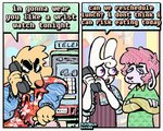 2_panel_comic 4_fingers abstract_background aloha_shirt anthro blue_eyes clothing crossed_arms dialogue duo ear_piercing ear_ring electronics female fingers fur hair male pattern_clothing pattern_shirt pattern_topwear payphone phone piercing pink_body pink_fur pink_hair purple_eyes ring_piercing shirt solo teeth text tooth_gap topwear white_body white_fur yellow_body yellow_fur rawdawgcomics rawdawgcomics_(series) bingus_(rawdawgcomics) paisley_(rawdawgcomics) stahli_(rawdawgcomics) bovid canid canine canis caprine domestic_dog lagomorph leporid mammal rabbit sheep 2025 artist_name comic digital_media_(artwork) english_text