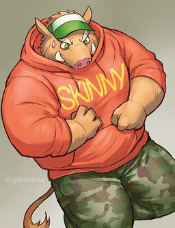 anthro bottomwear brown_body brown_fur clothing fur green_eyes hat headgear headwear hoodie humanoid_hands kemono male musclegut muscular overweight overweight_anthro overweight_male pants purple_clothing purple_hoodie purple_topwear solo text text_on_clothing text_on_hoodie text_on_topwear topwear garatama mammal suid suine sus_(pig) wild_boar 2015
