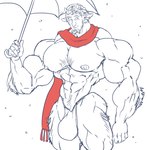 beard biceps big_muscles bulge detailed_bulge ear_piercing facial_hair genital_outline goatee horn huge_muscles male muscular navel nipples pecs penis_outline piercing scarf snow solo umbrella remert chronicles_of_narnia tumnus faun humanoid hi_res