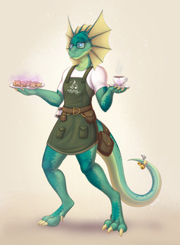 accessory anthro apron bag baked_goods bell bell_on_tail beverage clothed clothing coffee coffee_mug cookie enchanted_item eyewear food frill_(anatomy) furgonomics glasses green_body green_scales head_crest head_frill heterochromia logo long_tail magic magic_user male plate scales shirt solo tail tail_accessory tail_bag topwear yumiix soren_(golddrake) agamid frilled_lizard lizard reptile scalie absurd_res hi_res