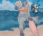 alternate_form anthro anthrofied bald barefoot beach bottomwear breasts clothing crop_top cutoffs denim denim_bottomwear denim_clothing feet female fin hindpaw multiple_forms paws sea seaside shirt shorts slightly_chubby slightly_chubby_female solo surfboard tail tail_fin topwear water sleeqykitten hasbro littlest_pet_shop lps_342 mammal marine pinniped seal hi_res