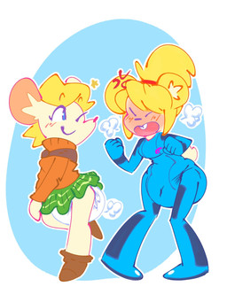 angry anthro big_diaper clean_diaper clothed clothing diaper diaper_fetish diaper_under_clothing duo female female/female one_eye_closed wearing_diaper wink zero_suit doodle_pamp_danny capcom metroid nintendo resident_evil ashley_graham hamus moushley samus_aran cricetid hamster mammal mouse murid murine rodent 3:4 hi_res