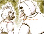 anthro beak bib bib_only black_border black_eyebrows border duo eyebrows eyelashes feather_hair feathers female female_anthro larger_anthro larger_female looking_back machine open_beak open_mouth pseudo_hair simple_background size_difference smaller_anthro smaller_female teeth text thick_eyebrows toothed_beak white_body white_eyes yellow_background cageyshick05_(artist) tehcreechibi five_nights_at_freddy's five_nights_at_freddy's_2 scottgames chic_chic_(cageyshick05) chica_(fnaf) toy_chica_(fnaf) animatronic avian bird chicken galliform gallus_(genus) phasianid robot 2014 artist_collaboration artist_name english_description graphite_(artwork) shaded signature traditional_media_(artwork)