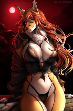 anthro areola big_breasts biped black_body black_clothing black_fur blue_eyes breasts camel_toe claws clothed clothed_anthro clothed_female clothing detailed_background fangs female finger_claws fingers front_view fur hair humanoid_hands lingerie lips looking_at_viewer moon navel navel_piercing orange_body orange_fur piercing pose red_hair red_moon skimpy small_waist solo standing teddy_(clothing) teeth text white_body white_fur korigahaku canid canine fox mammal artist_name colored hi_res pinup shaded