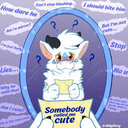 ambiguous_gender anthro blush daww first_person_view fur hair holding_object holding_paper horn humor inner_monologue looking_at_viewer markings mirror paper question_mark reflection solo standing text thinking thought_bubble white_body white_fur white_hair aldyderg katzenfaust mythology aldy_(aldyderg) dragon furred_dragon furred_scalie mythological_creature mythological_scalie reptile scalie 1:1 2021 absurd_res artist_collaboration english_text hi_res