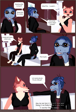 ageplay anthro clothed clothing computer desk dialogue duo electronics female furniture infantilism office roleplay sitting sofa table text uniform work_clothes mynka lennox_(mynka) raelynn_(mynka) amphibian canid canine canis fox mammal salamander 3d_(artwork) comic digital_media_(artwork) english_text hi_res trans_(lore) trans_woman_(lore)