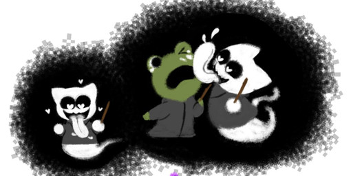 ambiguous/ambiguous ambiguous_gender anthro bodily_fluids clothing face_lick floating group heart_eyes heart_symbol licking licking_another long_tongue magic_wand one_eye_closed robe robe_only saliva tongue tongue_out unknown_artist google google_doodle magic_cat_academy momo_(google) weather_frog_(google) amphibian felid frog ghost mammal spirit