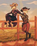 anthro black_sclera boots breasts brown_body brown_fur cleavage clothed clothing countryside cowboy cowboy_boots cowboy_hat cowboy_outfit cowgirl_boots cowgirl_outfit crescent_(shape) crescent_moon crescent_moon_(marking) dress_shirt duo ear_piercing ear_ring evening female fence fingerless_(marking) fingerless_gloves_(marking) flight_attendant_scarf footwear fur gloves_(marking) grass gun handgun hat headgear headwear high_heeled_boots high_heels holster markings moon moon_(marking) orange_light outside piercing plant pose ranged_weapon ring_piercing rolled_up_sleeves rural shirt shoes sitting sitting_on_fence sky slight_smile snaggle_tooth standing striped_body striped_fur striped_markings stripes sun tomboy topwear vest weapon wheat_in_mouth white_body white_fur captyns eliza_(captyns) silver_(captyns) canid canine hybrid mammal pit_viper rattlesnake reptile scalie snake viper absurd_res hi_res sibling_(lore)