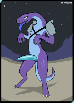 animal_genitalia anthro armor biped blue_penis detailed_background digitigrade genital_slit genitals half-erect long_penis male penis purple_body sharp_teeth solo standing teeth tongue tongue_out avioylin risk_of_rain alien lemurian lizard reptile scalie
