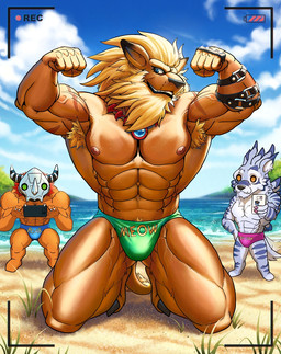 5_fingers :3 abs anthro armpit_hair beach beard biceps big_muscles black_lips black_nose blonde_hair blue_eyes body_hair brown_body brown_fur bulge camera camera_view cellphone claws clothed clothing cloud day detailed_background electronics facial_hair fangs fingers flexing front_view fur grass group hair jewelry kneeling lips male mane mask muscular navel necklace nipples onomatopoeia outside pecs phone plant pubes recording sand scar sea seaside sky smile sound_effects standing swimwear teeth text toe_claws toony topless vein water guerillasquirrel wolfali bandai_namco digimon canid canine digimon_(species) felid leomon mammal wargreymon weregarurumon artist_collaboration hi_res