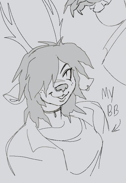 anthro antlers black_choker black_jewelry black_necklace buckteeth cartoon_freckles choker clothed clothing ear_piercing ear_ring facial_piercing female freckled_face freckles hair hair_over_eye horn jacket jewelry medium_hair necklace nose_piercing nose_ring open_clothing open_jacket open_topwear piercing pupils ring_piercing shirt slit_pupils smile smirk solo teeth text three-quarter_view topwear wolfertinger deltarune undertale_(series) dess_holiday deer mammal 2026 black_and_white bust_portrait english_text monochrome portrait sketch