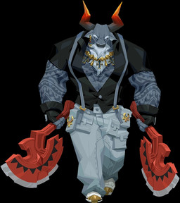 anthro axe beard blue_eyes bottomwear clothed clothing ear_piercing ear_ring facial_hair footwear gloves handwear horn jewelry male melee_weapon muscular muscular_male necklace open_clothing open_shirt open_topwear pants piercing ring_piercing shirt shoes solo topwear weapon unknown_artist dislyte european_mythology greek_mythology lilith_games mythology djoser_(dislyte) bovid bovine cattle mammal minotaur 2022 official_art