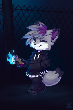 anthro blue_fire bottomwear clothed clothing colored_fire crossdressing dipstick_tail femboy fire holding_object hoodie legwear looking_at_viewer male markings molotov_cocktail one_eye_closed outside skirt solo stockings tail tail_markings thigh_highs topwear walking jinxit remy_pawz canid canine canis domestic_dog herding_dog mammal pastoral_dog spitz swedish_vallhund welsh_corgi 2:3 absurd_res colored digital_drawing_(artwork) digital_media_(artwork) hi_res shaded