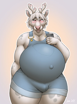 albino anthro antlers areola belly big_belly blush bulge camera clothed clothing electronics femboy fingers fur genital_outline hair horn huge_belly light lips looking_at_viewer male navel navel_outline nipples outie_navel overalls overalls_only phone phone_camera pink_areola pink_lips pink_nipples pink_nose pregnant pregnant_anthro pregnant_male red_eyes selfie simple_background smile solo spots text thick_thighs white_body white_fur white_hair wide_hipped_male wide_hips laew jayson_(gbg) cervine deer mammal new_world_deer reindeer 2025 absurd_res artist_name colored dated digital_drawing_(artwork) digital_media_(artwork) hi_res lighting portrait shaded signature soft_shading three-quarter_portrait