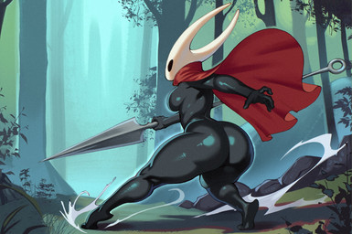 anthro biped black_body breasts butt clothed clothing detailed_background female glistening glistening_body holding_object holding_weapon monotone_body no_pupils outside red_clothing solo thick_thighs three-quarter_view weapon white_head nocturne_(artist) hollow_knight_(franchise) team_cherry hornet_(hollow_knight) arachnid arthropod insect spider hi_res