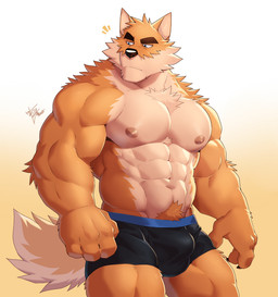 4_fingers abs anthro areola barazoku biceps black_briefs black_clothing black_underwear blue_eyes briefs brown_eyebrows chest_tuft claws clothing deltoids eyebrows finger_claws fingers forearm_muscles fur gradient_background male muscular muscular_anthro muscular_male nipples obliques orange_body orange_fur pecs pube_peek pubes quads serratus simple_background solo stocky tail tuft underwear v-cut yellow_background takemoto_arashi otake canid canine canis domestic_dog mammal 2025 dated hi_res signature