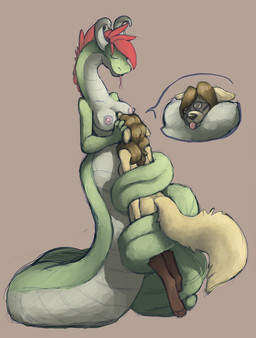 anthro apode between_breasts breasts brown_hair coiling dominant dominant_female duo eyes_closed eyewear face_in_breasts female female_pred forked_tongue glasses hair head_between_breasts horn hug imminent_vore interspecies legless long_neck nipples non-mammal_breasts non-mammal_nipples red_hair serpentine simple_background size_difference split_form tail tongue tongue_out vore sammy73 mythology canid canine draconcopode dragon hybrid lamia mammal mythological_creature mythological_scalie reptile scalie snake