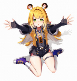 animal_ears bare_legs belt black_bottomwear black_clothing black_shorts blonde_hair blue_clothing blue_footwear blue_shoes blush bottomwear clothed clothing collared_shirt cute_fangs dress_shirt fangs female fluffy_ears footwear green_eyes grey_dress_shirt hair hug_request jacket open_clothing open_jacket open_mouth open_topwear outstretched_arms shirt shoes shorts simple_background sitting socks solo sparkles sparkling_eyes striped_hair teeth topwear wariza white_background white_clothing white_footwear white_hair white_socks yellow_clothing yellow_jacket_(clothing) yellow_topwear chenk_art mihoyo zenless_zone_zero ju_fufu animal_humanoid felid felid_humanoid humanoid mammal mammal_humanoid pantherine pantherine_humanoid thiren tiger_humanoid absurd_res hi_res