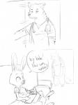 black_and_white boreoboros comic doctor duo ear_piercing english_text furniture hi_res hyena lagomorph leporid line_art male mammal medical_instrument monochrome piercing rabbit reading scientific_instrument simple_background sketch sofa spotted_hyena stethoscope sunny_(trash_character) text white_background zeke_(trash_character)