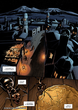 bar building coin detailed_background dialogue extreme_close-up furniture gold_(metal) gold_coin group lamp lantern night outside scenery speech_bubble table tavern text text_box village walking purplebirdman ant arthropod hymenopteran insect 2023 colored comic detailed shaded url