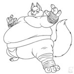 anthro asian_clothing belly big_belly chubby_cheeks claws clothed clothing east_asian_clothing feet foot_wraps fur hand_wraps japanese_clothing male mawashi moobs obese obese_anthro obese_male overweight overweight_anthro overweight_male simple_background smile smirk solo standing sumo sumo_wrestler thick_thighs toe_claws topless white_background wraps calorie canid canine canis jackal mammal black_and_white hi_res monochrome