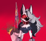 anthro blush bound butt butt_slap clothing collar crop_top cuff_(restraint) cuffed_wrists female fluffy fluffy_tail fur gag gagged gradient_background grey_body grey_fur hair muzzle_(object) paddle raised_tail red_sclera restraints shirt simple_background slap solo spanking tail topwear underwear wedgie white_body white_eyes white_fur white_hair doki959 friendship_is_magic hasbro helluva_boss my_little_pony mythology loona_(helluva_boss) canid canid_demon canine demon hellhound mammal mythological_canine mythological_creature hi_res