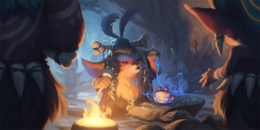 anthro bone_accessory brown_body brown_fur detailed_background female fur group holding_object holding_staff inside loose_feather magic male mask open_mouth skull_accessory smile staff standing dao_trong_le league_of_legends legends_of_runeterra riot_games tencent amphibian frog yordle 2:1 digital_media_(artwork) hi_res official_art