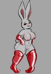 anthro armwear blush bodily_fluids breasts clothing female genitals latex legwear looking_at_viewer nipples nude pussy scut_tail short_tail simple_background smile solo sweat tail thick_thighs thigh_highs tongue tongue_out ombwie beastars haru_(beastars) domestic_rabbit dwarf_rabbit lagomorph leporid mammal oryctolagus rabbit absurd_res digital_media_(artwork) hi_res